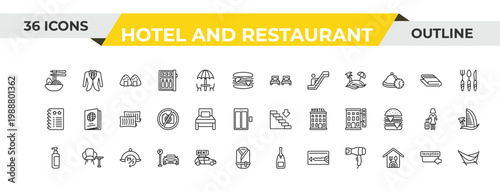 outline hotel and restaurant icons set - beds, single bed, 24 service. editable vector for web and mobile ui