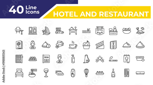 outline hotel and restaurant icons set - passport, minibar, single bed. editable vector for web and mobile ui