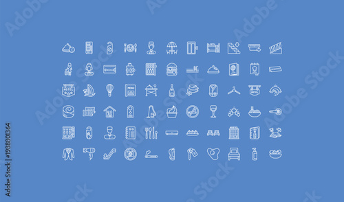 outline hotel and restaurant icons set - elevator, cheese burger, hairdryer. editable vector for web and mobile ui