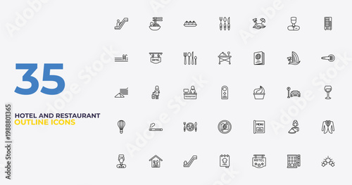outline hotel and restaurant icons set - room service, menu, five stars. editable vector for web and mobile ui