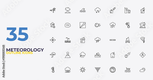 outline meteorology icons set - windy earth, broken roof, weather. editable vector for web and mobile ui