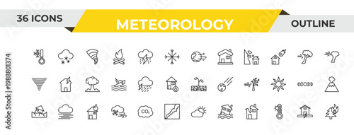 outline meteorology icons set - windy earth, rain and thunder, house on fire. editable vector for web and mobile ui