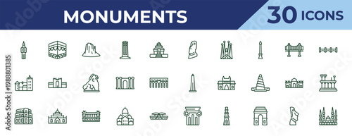 outline monuments icons set - moia statues, bran castle, pula arena. editable vector for web and mobile ui