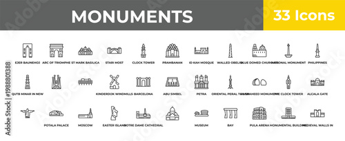 outline monuments icons set - , potala palace, medieval walls in avila. editable vector for web and mobile ui