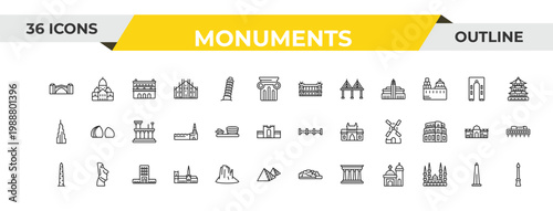 outline monuments icons set - palais garnier, museum, monumental building. editable vector for web and mobile ui
