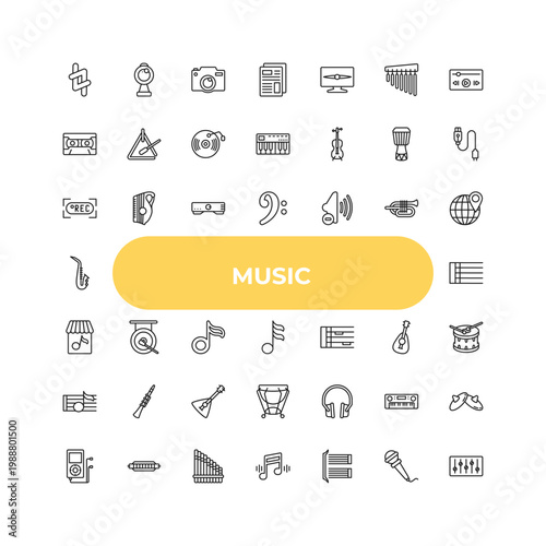 outline music icons set - rec, gong, music player headphones. editable vector for web and mobile ui