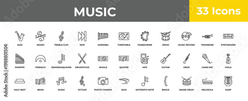 outline music icons set - demisemiquaver, beam, harp. editable vector for web and mobile ui