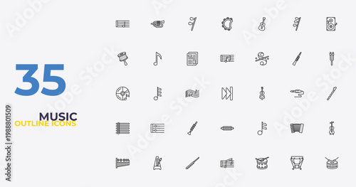 outline music icons set - quaver, sixteenth note, snare drum. editable vector for web and mobile ui