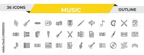 outline music icons set - flute, bass guitar, half note. editable vector for web and mobile ui