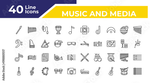 outline music and media icons set - clef, flat, acoustic guitar. editable vector for web and mobile ui
