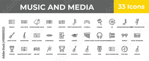 outline music and media icons set - music player, quarter note rest, ukelele. editable vector for web and mobile ui