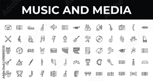 outline music and media icons set - repeat, harpsichord, thirty second note rest. editable vector for web and mobile ui