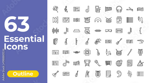 outline music and media icons set - minim, fermata, music triangle. editable vector for web and mobile ui