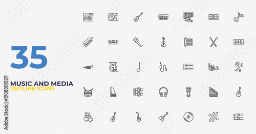 outline music and media icons set - viola, djembe, quarter note rest. editable vector for web and mobile ui