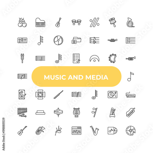 outline music and media icons set - tuning fork, music spotlight, semiquaver. editable vector for web and mobile ui