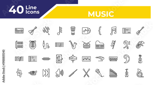 outline music icons set - bracket, eight note rest, natural. editable vector for web and mobile ui
