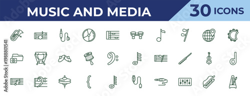 outline music and media icons set - bongo, image archive, quaver. editable vector for web and mobile ui
