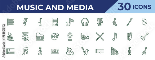 outline music and media icons set - music player headphones, horn, repeat. editable vector for web and mobile ui