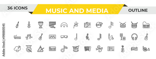 outline music and media icons set - bass clef, amplifier, music triangle. editable vector for web and mobile ui
