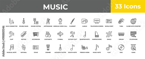 outline music icons set - accordion, natural, gong. editable vector for web and mobile ui