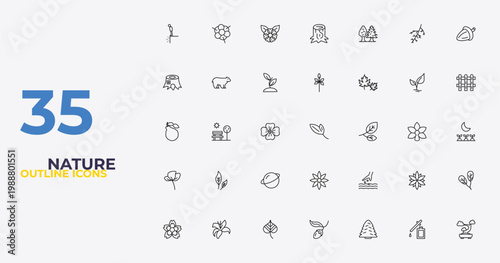 outline nature icons set - sprig with five leaves, sow, bonsai tree. editable vector for web and mobile ui