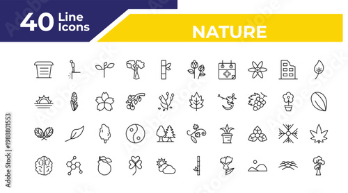 outline nature icons set - landscape inside frame, straberry leaf, human brian. editable vector for web and mobile ui