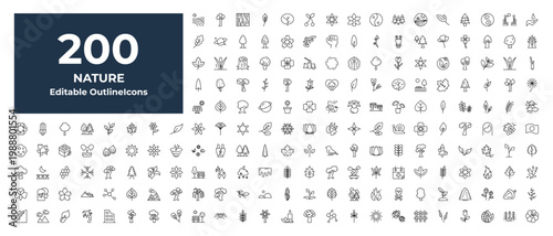 outline nature icons set - leaf and drop, geranium, chemical structure. editable vector for web and mobile ui