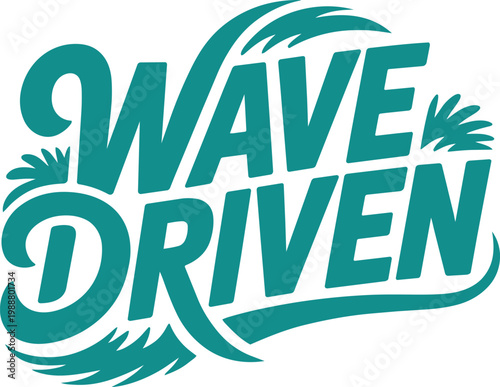 Wave driven typography design with water splash accents with extreme sports icon set for font and surf