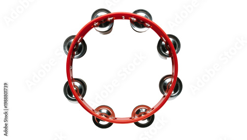 Photos Red plastic tambourine with metal jingles, isolated on transparent background