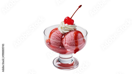 Fotografie Pink strawberry ice cream scoops with cherry topping and whipped cream, isolated