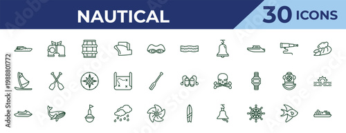 outline nautical icons set - salt water, windsurf board, watercraft. editable vector for web and mobile ui