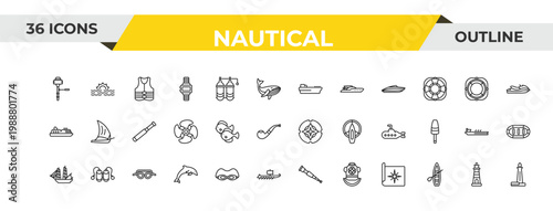 outline nautical icons set - tanker ship, fishes, knot. editable vector for web and mobile ui