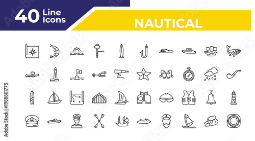 outline nautical icons set - trireme, suroard, captain hat. editable vector for web and mobile ui