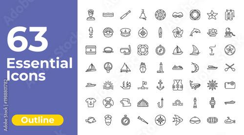 outline nautical icons set - big bell, suroard, roofless speed boat. editable vector for web and mobile ui