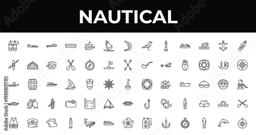 outline nautical icons set - windsurf board, compass, one suroard. editable vector for web and mobile ui