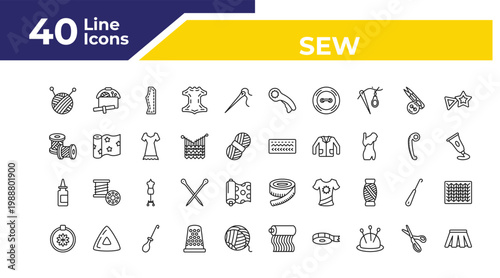 outline sew icons set - , glue, needlepoint. editable vector for web and mobile ui