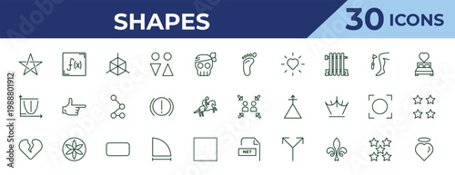 outline shapes icons set - human foot prints, parabola, heartbreak. editable vector for web and mobile ui