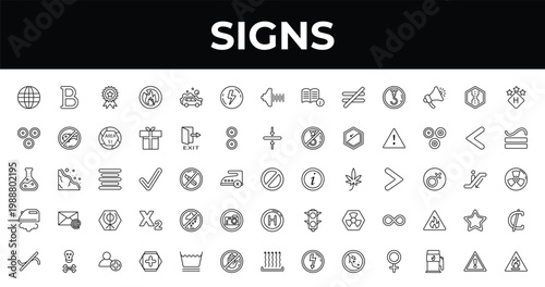 outline signs icons set - lightning warning, is congruent to, addition thick. editable vector for web and mobile ui