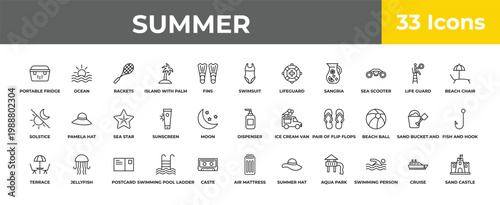 outline summer icons set - sea star, jellyfish, sand castle. editable vector for web and mobile ui