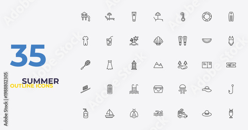 outline summer icons set - seashell, jellyfish, milkshake. editable vector for web and mobile ui