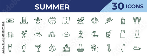 outline summer icons set - island, ocean, sun cream. editable vector for web and mobile ui