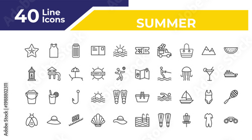 outline summer icons set - lantern, sand bucket, firefly. editable vector for web and mobile ui