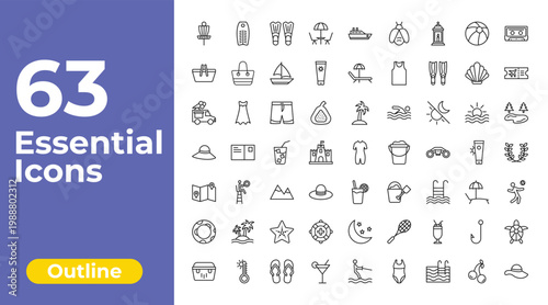 outline summer icons set - terrace, sunbed, sea turtle. editable vector for web and mobile ui