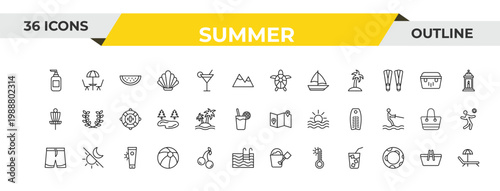 outline summer icons set - sea turtle, island, sunscreen. editable vector for web and mobile ui