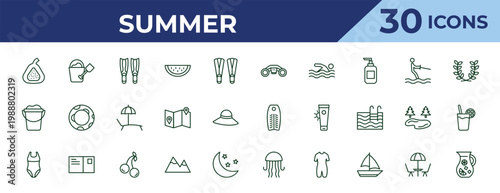 outline summer icons set - sea scooter, sand bucket, swimsuit. editable vector for web and mobile ui
