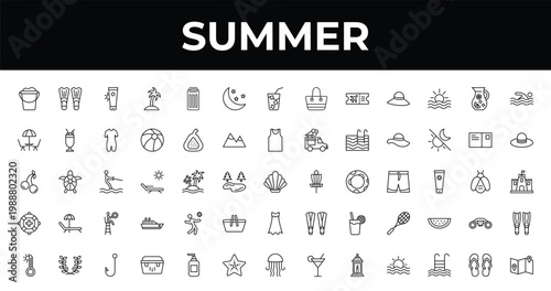 outline summer icons set - moon, pamela, portable fridge. editable vector for web and mobile ui