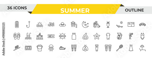 outline summer icons set - moon, summer sale, sand bucket. editable vector for web and mobile ui