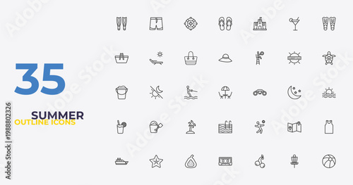outline summer icons set - pamela hat, beach volleyball, beach ball. editable vector for web and mobile ui