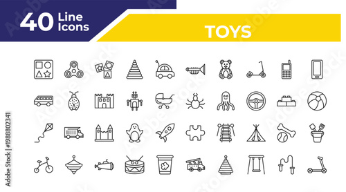 outline toys icons set - bus toy, kite toy, tricycle toy. editable vector for web and mobile ui