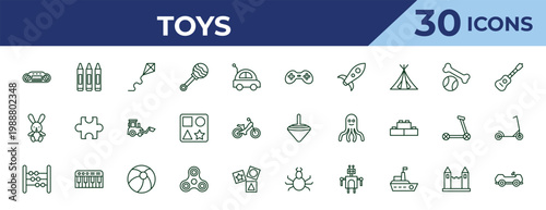 outline toys icons set - gamepad toy, bunny toy, abacus toy. editable vector for web and mobile ui